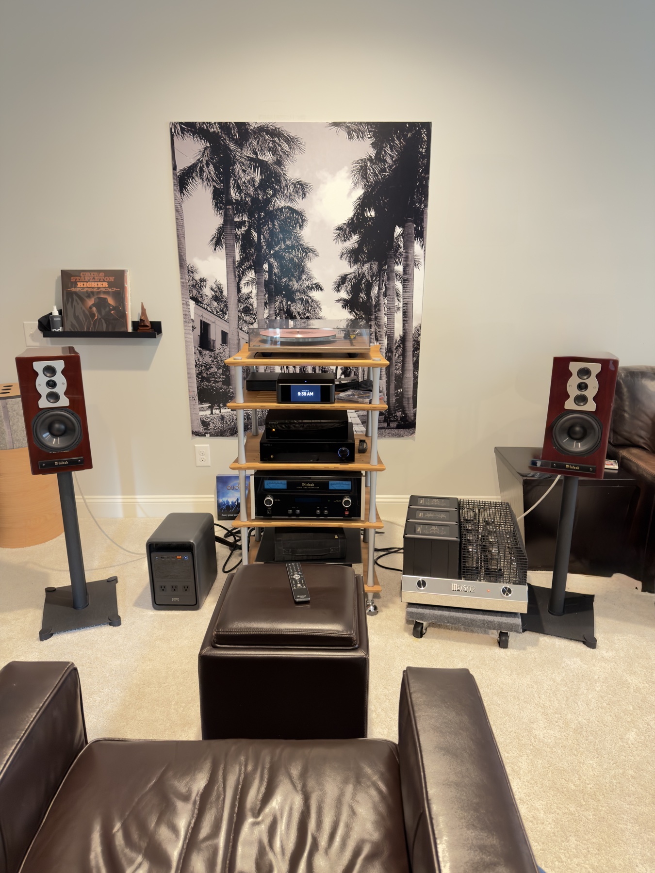 Listening room: McIntosh XR50 speakers, McIntosh electronics, Eversolo digital, Rega turntable, and Anker SOLIX S2000 power station