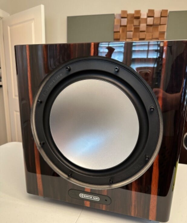 Monitor Audio Gold W12 — this piano ebony unit, grille off